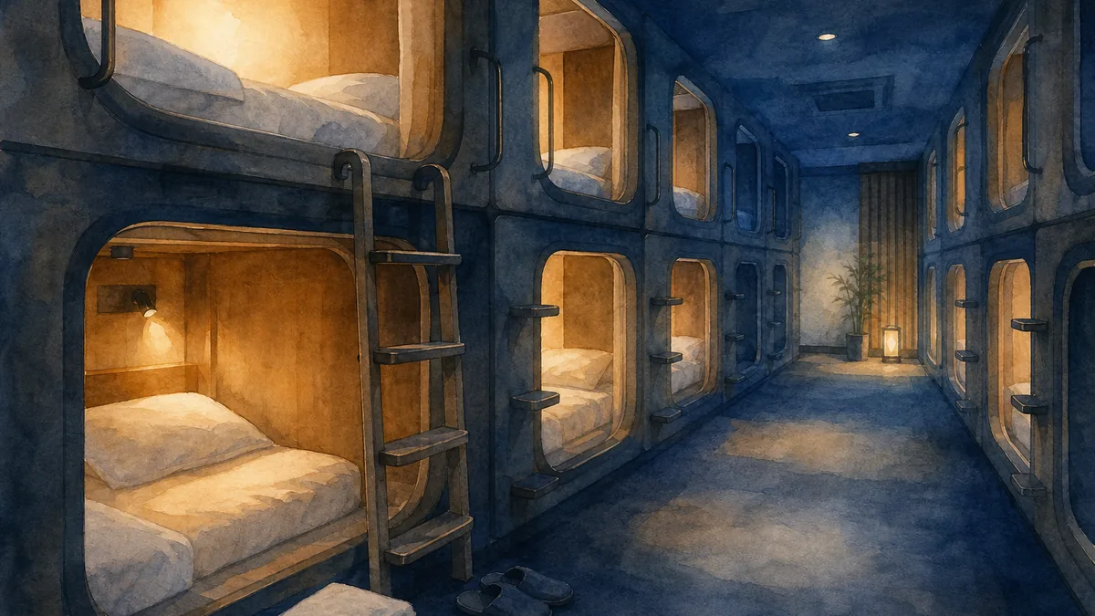 Watercolor illustration of a capsule hotel corridor at night: two stacked rows of softly glowing sleeping pods, a ladder to an upper berth, and folded towels and slippers set outside one pod