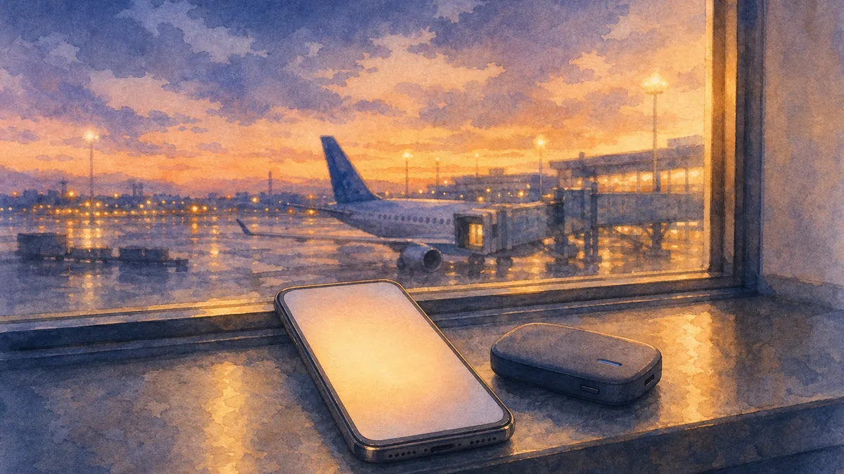 Watercolor illustration of an airport departure lounge at dusk: a smartphone and a small pocket-WiFi router resting on the windowsill, an aircraft and jet bridge glowing beyond the glass