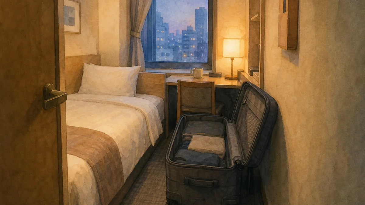 Watercolor illustration of a compact Japanese business-hotel room seen from the doorway: a neatly made single bed and an open suitcase filling much of the narrow floor, a city view at dusk beyond the window