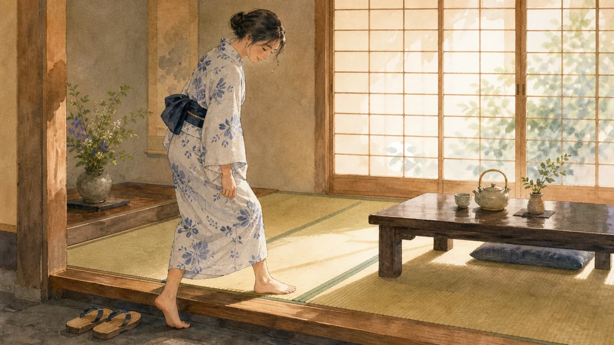 Watercolor illustration of a guest in a yukata stepping barefoot from slippers onto a tatami mat beside a low table and a shoji screen.