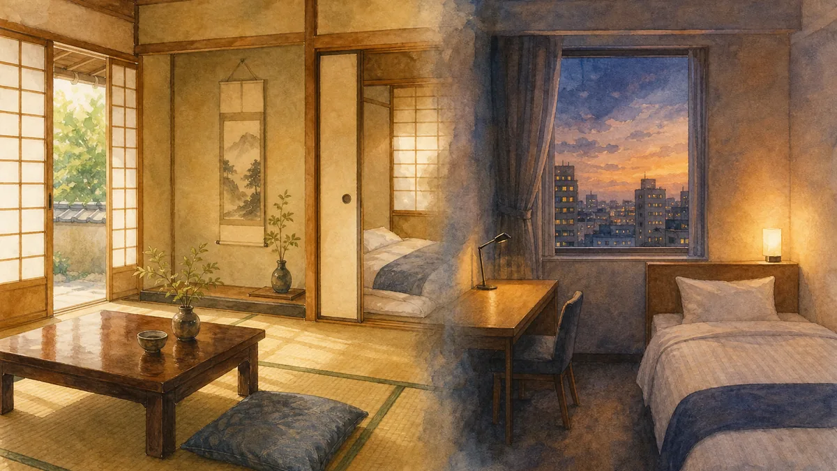 Watercolor illustration contrasting two Japanese lodgings: a tatami ryokan room with a low table and a futon behind a shoji screen on one side, and a compact modern hotel room with a bed and a dusk city window on the other