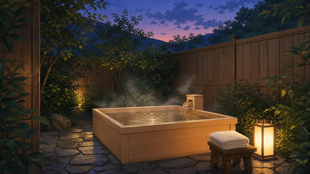 Illustration of a calm private open-air bath at a Japanese inn, reserved for one guest, steam rising, with a small 'private bath / 貸切' sign by the door.