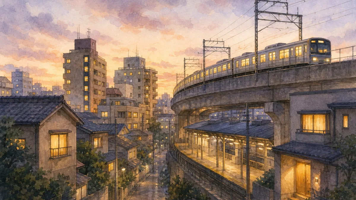 Watercolor illustration of an elevated Tokyo commuter train curving along a viaduct at dusk, passing lit townhouses and an elevated station platform