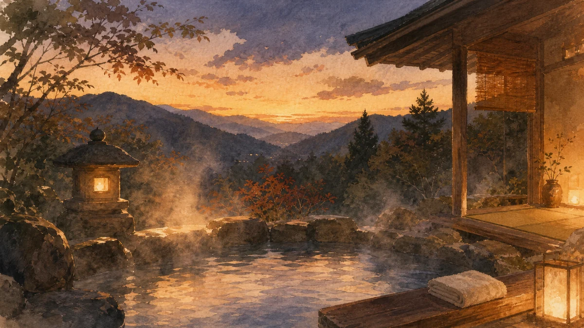 Watercolor of a serene ryokan open-air hot-spring at dusk