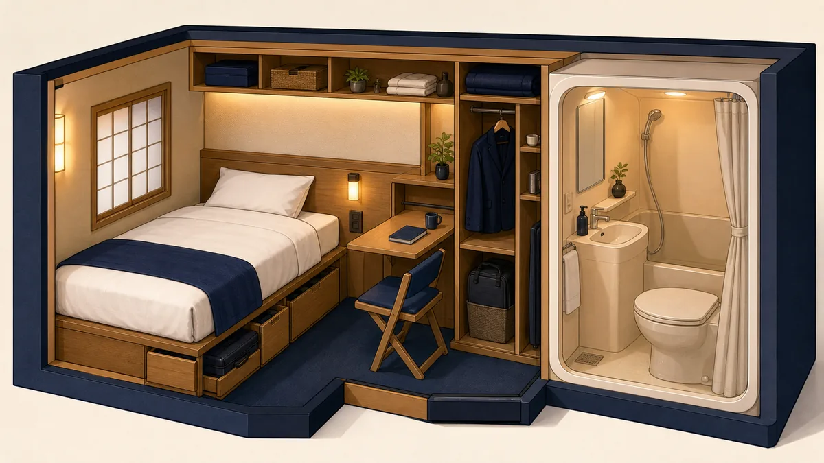 Cutaway illustration of a very compact but spotless Japanese business-hotel room — a single bed, a fold-out desk, a unit bath, and clever storage — showing how little floor space is used and how much is packed into it.
